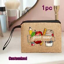 Regalo personalizado para maestros con impresión de nombre personalizado | Conjunto de bolsa de compras reutilizable de lino caqui y yute, y billetera | Detalles en metal negro para la Semana de la Enfermera/Día de la Madre/Apreciación a Maestros | Bolso multiuso para la playa y organizador de viaje