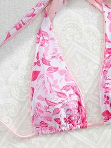 New Spring And Summer Drawstring Tie Halter Neck Pink Ditsy Floral Pattern Split Sexy Bikini - Pink - View 5