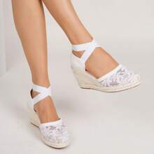 Women Comfortable Non-Slip Slip-On Cross Elastic Decor Vacation Style Beige Linen Rope Blue Wedge Platform Slip-On Shoes