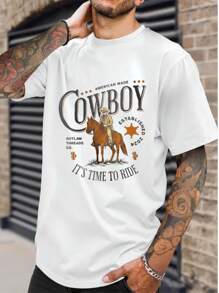 Camiseta Casual De 220g Algodón Puro Con Diseño De Vaquero - Blanco - Ver 1