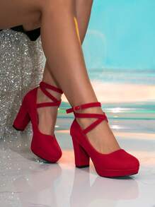 Fall/Winter 2025 Women's Stylish High Heel Platform Closed Toe Red Thick Heel Shoes, All Season, Elegant, Women Pumps