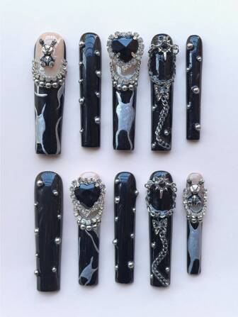 Y2K 10Piece Handmade Press On Nails Extra-Long Soft Tube Fake Nails, Gothic Dark Style, Square Shiny Glossy 3D Fake Nails, Suitable For Women And Girls, 45MM Finger Nail Art, Music Festival, Masquerade Party, Special