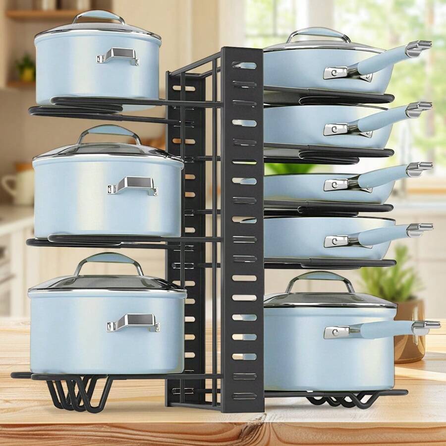 Pots And Pans Organiser, Expandable Pan Holder, Pan Stand With 8 Adjustable Dividers, Perfect For Kitchen Utensils, Pans, Pots And Lids, Black