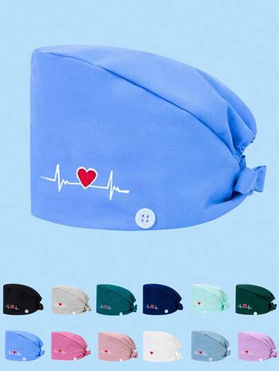1pc Women's High-Grade Cotton-Polyester Material Heart Embroidery Design Tie Nurse Cap, Antibacterial And Dustproof, Elastic At Back, Mask Strap Hook On Side, Suitable For Doctors, Nurses, And All Medical, Beauty, Veterinary Workers