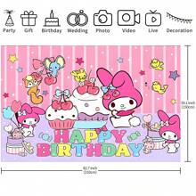 Sanrio 1PC Cute And Sweet Pink Cherry Melody Birthday Theme Party Background Fabric Decoration -82.7 * 5.1/59.1 * 39.4/39.4 * 29.5 Inches, Kawaii Cherry Dessert Cake Star Melody Pink Stripe Photography Background Birthday Party Decoration Supplies Newborn Shower Theme Party Cake Table Banner Decoration Photo Booth Studio Props