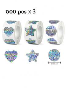 3 卷/套全息贴纸组合 - 星形、圆形、心形 - 适用于 DIY 工艺礼品盒、商业包装、派对礼品、信封封口、防水、不粘