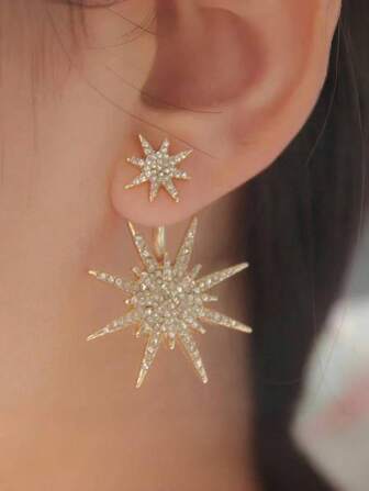 1 Pair Women's Snowflake Earrings, Gold & Silver Tone Fashion Luxurious Rhinestone Sparkle Clip-On Earrings, Suitable For Daily Commuting
