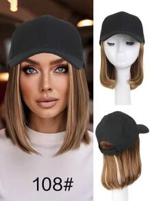 Gorra de béisbol con peluca para mujeres, gorra de béisbol negra con extensiones de cabello sintético rubio liso de 10 pulgadas, gorra de béisbol negra ajustable con peluca tipo bob de cabello rubio, negro y marrón, adecuada para mujeres y niñas