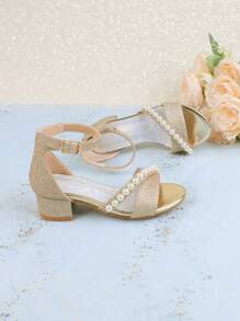 Girls' Pearl Embellished Summer Dress With High Heel Mary Jane Party Shoes, Suitable For Flower Girl, Wedding, Banquet, Princess And Toddler, Little Kid, Big Kid - Gold - View 6