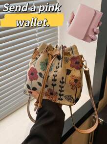 Bolso de tela chino mini nuevo Bolso de hombro de estilo nacional 2025 con caligrafía, bolso de cubo retro estampado para señoras, bolso de moda informal de primavera para señoras, bolso de mano con una cartera rosa de regalo