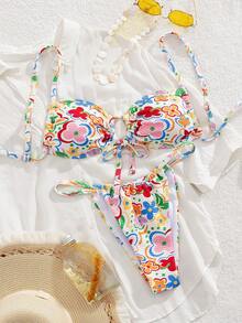 新品春夏抽绳抹胸彩色花朵吊带比基尼套装
