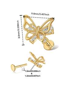 1 件装双层蝴蝶无缝推入式唇/耳/软骨耳钉，镶嵌合成锆石，身体穿孔珠宝唇/耳钉，适合约会、日常佩戴、礼物、派对、音乐节 - 蝴蝶型 - 查看 3