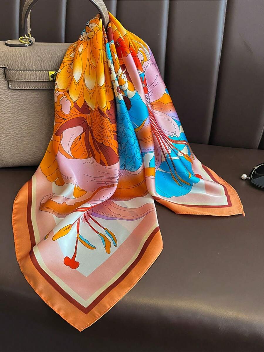 1pc 2025 Floral Pattern Silk Scarf Square, High-End Fashion Printed Neckerchief, Versatile, Retro Korean Style For Women Bandanas Head Bandana Hair Scarf Fall Winter Headbands For Women Hair Band Hair Accessories For Women For Vacation Outfits Woman