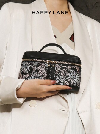 HAPPY LANE 1 件奢华刺绣花卉复古风格手提包，黑色背景搭配红色、黄色和白色精美花朵 - 优雅、复古、商务休闲，前拉链手提包配有肩带，斜挎包非常适合日常、派对和旅行，轻巧、百搭的复古魅力，适合追求优雅个性化的女性，适合任何场合，展现独特的时尚品味
