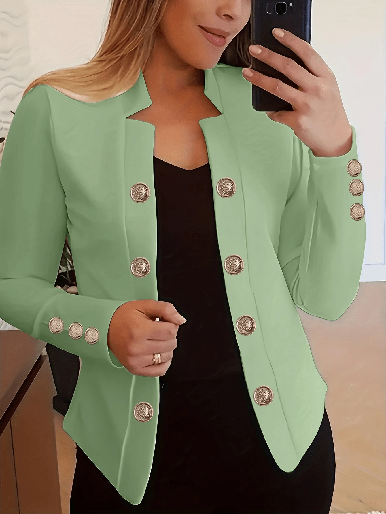 Women's Solid Color Button-Up Long Sleeve Lightweight Jacket, Spring/Autumn - Light Green - View 1