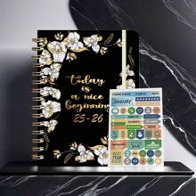 1PC Black And White Plant Pattern Notebook, Daily Writing Plan And Activity Planning, Office Event Recording, Comes With 12 Monthly Stickers For Easy Recording