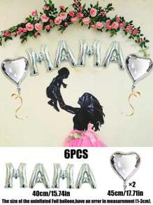 6pcs Heart Balloon Set, 16inch Gold/Silver/Rose Gold MAMA Letter Balloon Suitable For Birthday, Mother's Day, Party Decoration - Multicolor - View 7