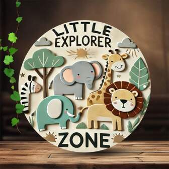 1 pieza Decoración de pared de madera vintage "Pequeño explorador" - Letrero de madera redondo con animales salvajes de colores, adecuado para habitaciones de jóvenes, hogares, cafés, bares, decoración con temática de la selva, excelente para decoración de habitaciones, con agujeros previamente perforados, estilo de agujeros aleatorios