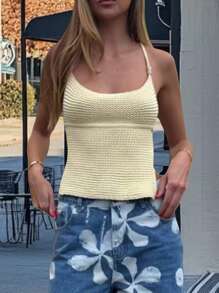Women Crochet Knit Halter Tank Cami Tops Y2k Back Tie Up Sleeveless Camisole Crop Tops Summer Going Out Tops Vests Beach Streetwear - 黃色 - 查看 1
