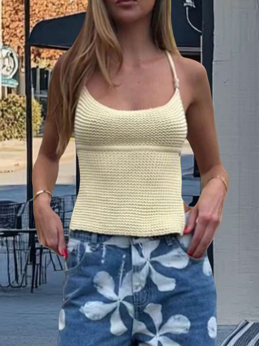 Women Crochet Knit Halter Tank Cami Tops Y2k Back Tie Up Sleeveless Camisole Crop Tops Summer Going Out Tops Vests Beach Streetwear - 黃色 - 查看 1
