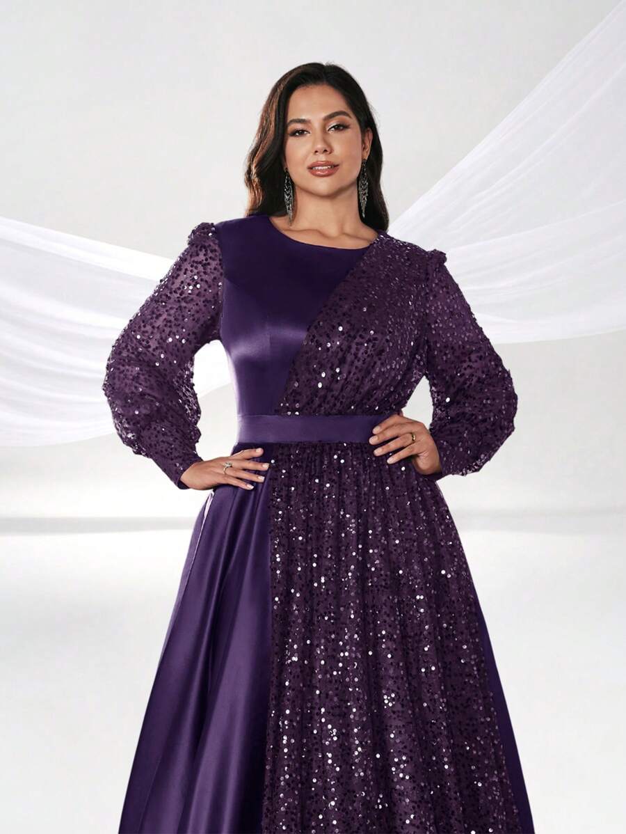 YISIKADO Đầm dạ hội cỡ lớn, đầm satin đính sequin tay phồng cổ tròn thanh lịch, đầm dự tiệc, đầm dạ hội, đầm dự đám cưới mùa xuân.
