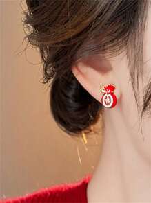1 Pair Of Elegant Red Lucky Pouch Design Earrings