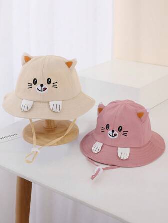 1 件装婴儿/儿童卡通猫装饰太阳帽带防风带，男孩和女孩渔夫帽，春夏秋季