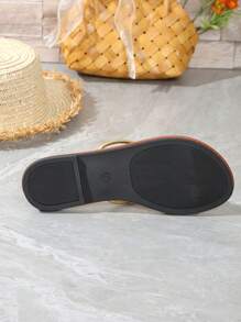 女士优雅条纹趾环平底凉鞋，时尚金色，夏季 - 金色 - 查看 7