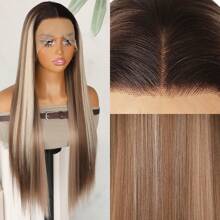 亮点渐变色蕾丝前假发 预拔自然发际线 13x4 高清蕾丝无胶 棕色金色混合颜色头发 合成前蕾丝假发 免费部分 适合时尚女性日常派对穿着 耐热纤维替换假发 26 英寸 180% 密度 - 間色 - 查看 3