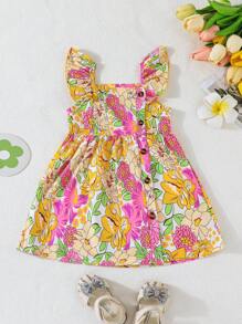 Set de 2 vestidos de verano para niña, uno con estampado floral y otro de unicolor con decoración de botones, conjunto casual para uso diario