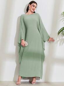 女士纯色蝙蝠袖长裙，优雅长袖阿巴雅长袍，卡夫坦长袍，伊斯兰服装，端庄优雅 - 薄荷綠 - 查看 2