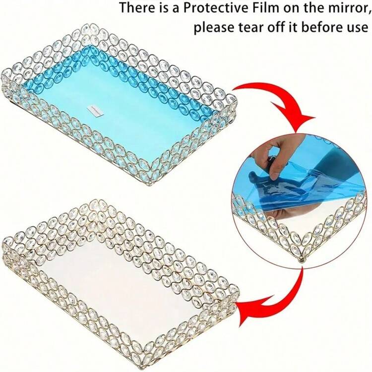 现代水晶镜面化妆托盘，小玻璃珠宝梳妆台托盘，香水架化妆品收纳托盘，珠宝，化妆品柜台，家居装饰旅行收纳盒 - 銀色 - 查看 5