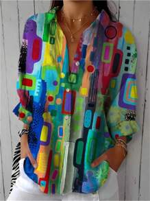 Geometric Print Casual Button-Front Long Sleeve Shirt, Women Spring Summer, Suitable For Vacation Or As Gift For Friends - Multicolor - View 2