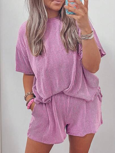 ASVIVID Summer Casual Ribbed Knit Loose T-Shirt And Shorts Set