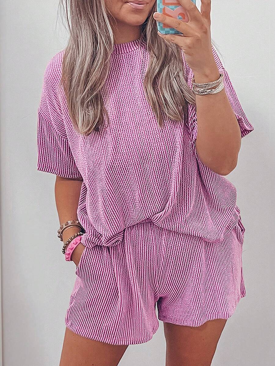 ASVIVID Summer Casual Ribbed Knit Loose T-Shirt And Shorts Set - Hot Pink - View 1