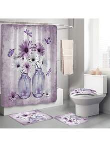 1 件/4 件农舍花卉浴帘套装，质朴的蓝绿色绿松石雏菊浴帘，配有配套浴帘、防滑浴垫、马桶座套和浴垫，使用 C 形挂钩轻松安装，浴室装饰