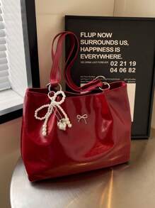 1 件女式裂纹 PU 皮革大容量手提包，配有链条肩带，适合女孩、女士、大学生、职场初学者和白领，非常适合工作、商务、通勤、上学 - 酒紅色 - 查看 4