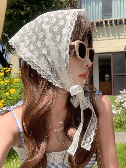 1pc French Lace Floral Bandana, Countryside Style, Sweet For Daily Wear, Travel, Photo Shooting Bandanas Head Bandana Hair Scarf, Headscarf Fall Winter Headbands For Women Hair Band Hair Accessories For Women For Vacation Outfits Woman