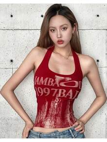 Crop Top Halter Camisole Summer Beach Fashion Sleeveless For Women - 紅色 - 查看 1