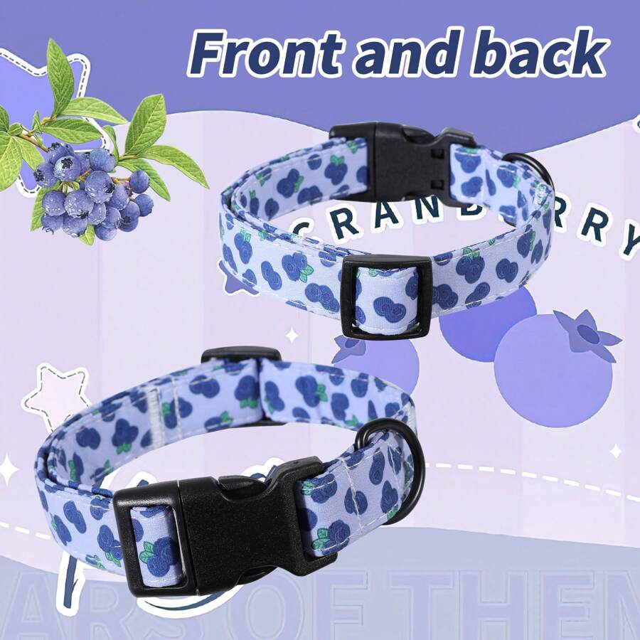 1pc Adjustable Blueberry Theme Polyester Dog Collar With Fruit Pattern Print - Comfortable Fit For Small To Large Pets - Blue - View 1