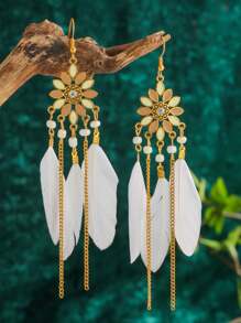 Vintage Boho Feather Tassel Drop Long Earrings For Women - Multicolor - View 5