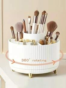 360°Rotating Makeup Organizer - 1pc Plastic Cosmetic Storage With 5 Compartments - Multi-Functional Holder For Brushes, Lipsticks, Skin Care Products, And Stationery - Unscented Desk Caddy With Luxury Stripe Design Home Bathroom Decor Summer Makeup Organizer Back To School