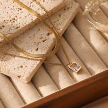 1pc 18K Plated Stainless Steel Fashion Simple Square Zirconia Pendant Necklace, Suitable For Date, Party, Office Wear - Yellow Gold - View 3