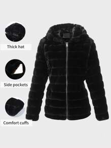 Women Faux Fur Coat Fleece Fuzzy Hooded Fluffy Shearling Sherpa-Lined Jacket - Black - View 1