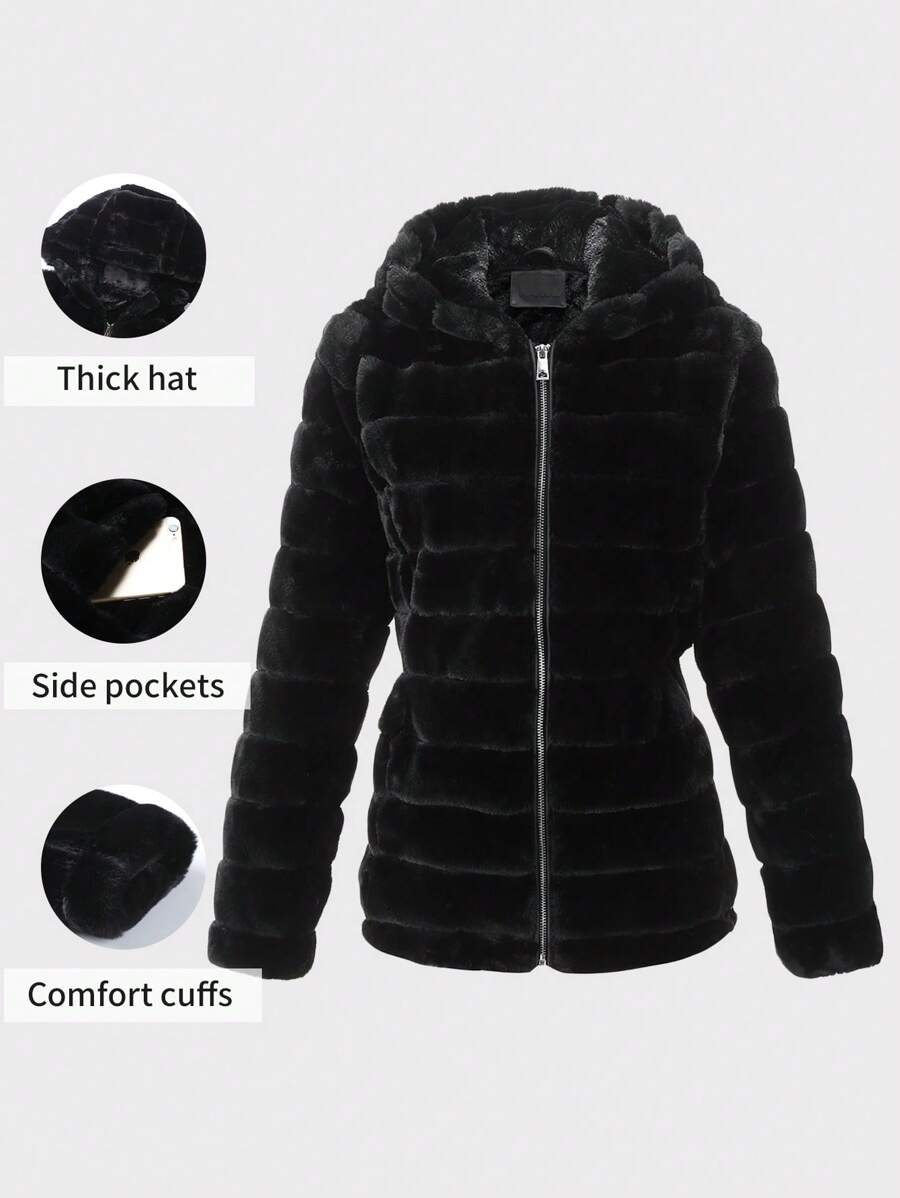 Women Faux Fur Coat Fleece Fuzzy Hooded Fluffy Shearling Sherpa-Lined Jacket - Black - View 1