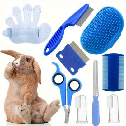 Kit de tosa premium para coelhos com 9 peças, escova para queda de pelos, cortador de unhas e pentes para animais de estimação - mantenha seu coelho feliz e saudável