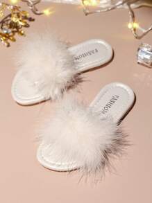 1 par de sandalias planas casuales suave con decoración de plumas, adecuadas para uso diario y actividades al aire libre, para niñas - Blanco - Ver 4