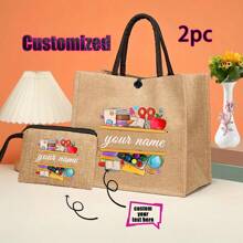 Regalo personalizado para maestros con impresión de nombre personalizado | Conjunto de bolsa de compras reutilizable de lino caqui y yute, y billetera | Detalles en metal negro para la Semana de la Enfermera/Día de la Madre/Apreciación a Maestros | Bolso multiuso para la playa y organizador de viaje