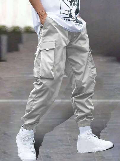 1pc Teen Boy Casual Exercise Outdoor Pocket Applique Elastic Cuff Pants, For Spring Summer Autumn Winter