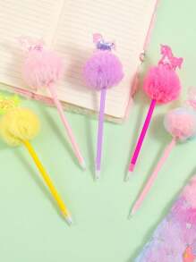 2pcs/Set Cartoon Unicorn Fluffy Pom Pom Ball Pen, Glittery Cylinder Shaped Pens, Student Children Gift Stationery, Random Tie-Dye Locations - Multicolor - View 16